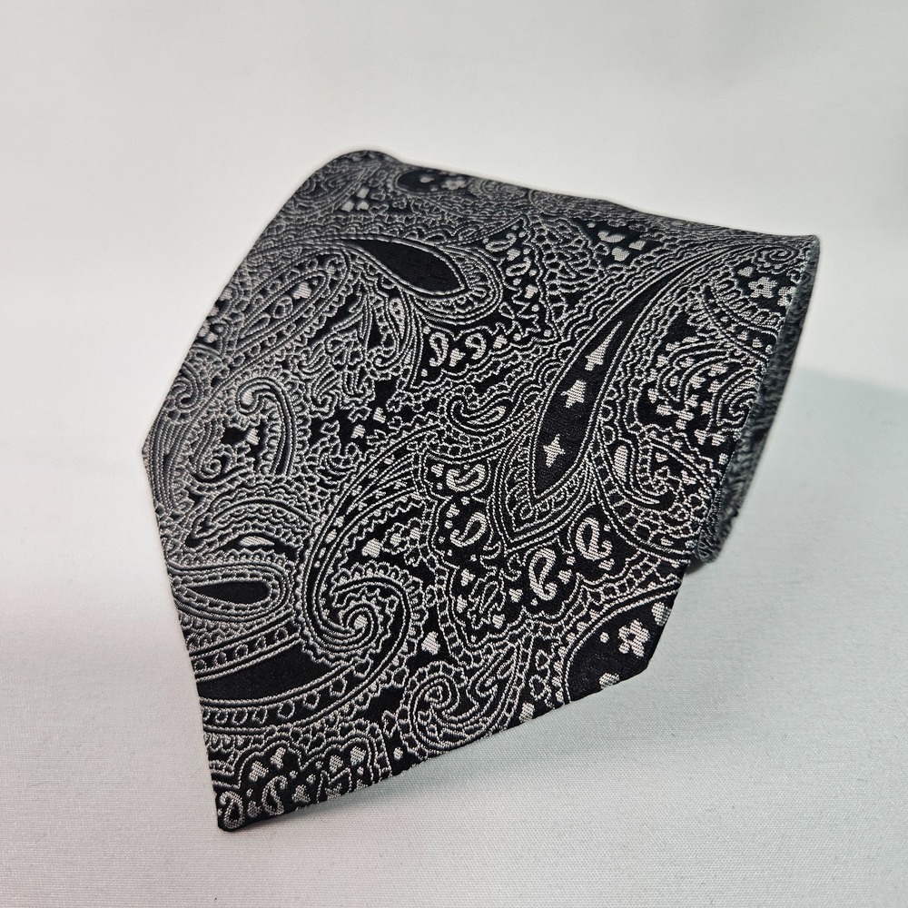 Campia Moda 100% Silk Tie Men Paisley Black White 4"x 59.5"‎